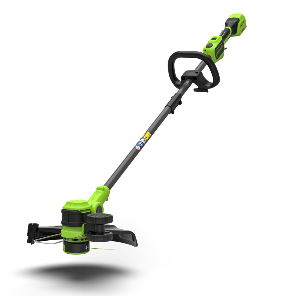 A black and green 24V grass trimmer with a 33cm cutting width, including a blade and line, powered by a 4Ah battery.