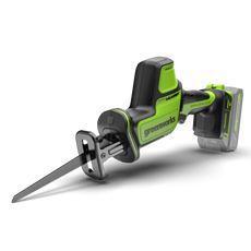 Greenworks cordless reciprocating saw on a white background
