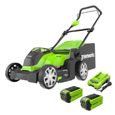Greenworks lawn mower with additional batteries on a white background