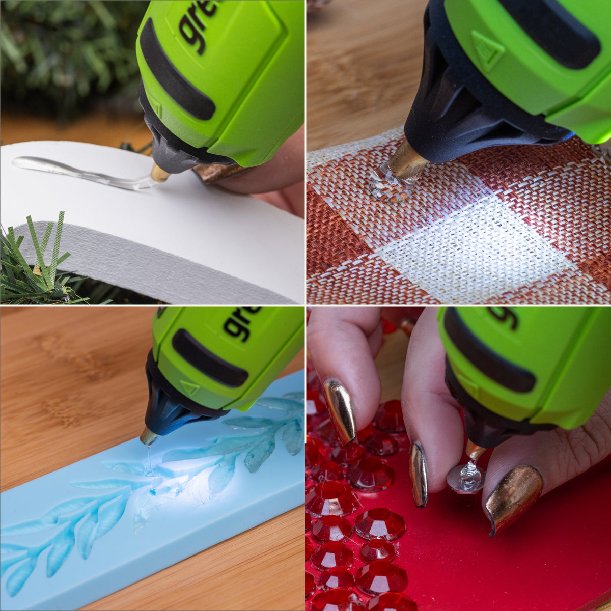 Collage of a green and black tool being used on various materials.