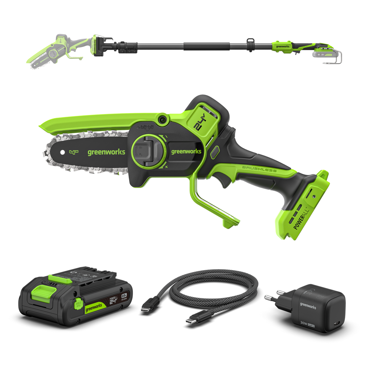 POWERALL 24V Mini Tronçonneuse 10cm Gen. II avec perche d'extension - Batterie 2Ah