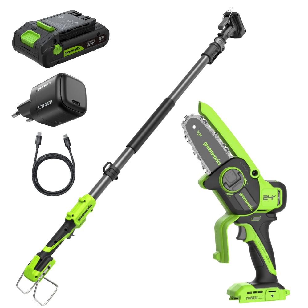 POWERALL 24V Mini Tronçonneuse 10cm Gen. II avec perche d'extension - Batterie 2Ah