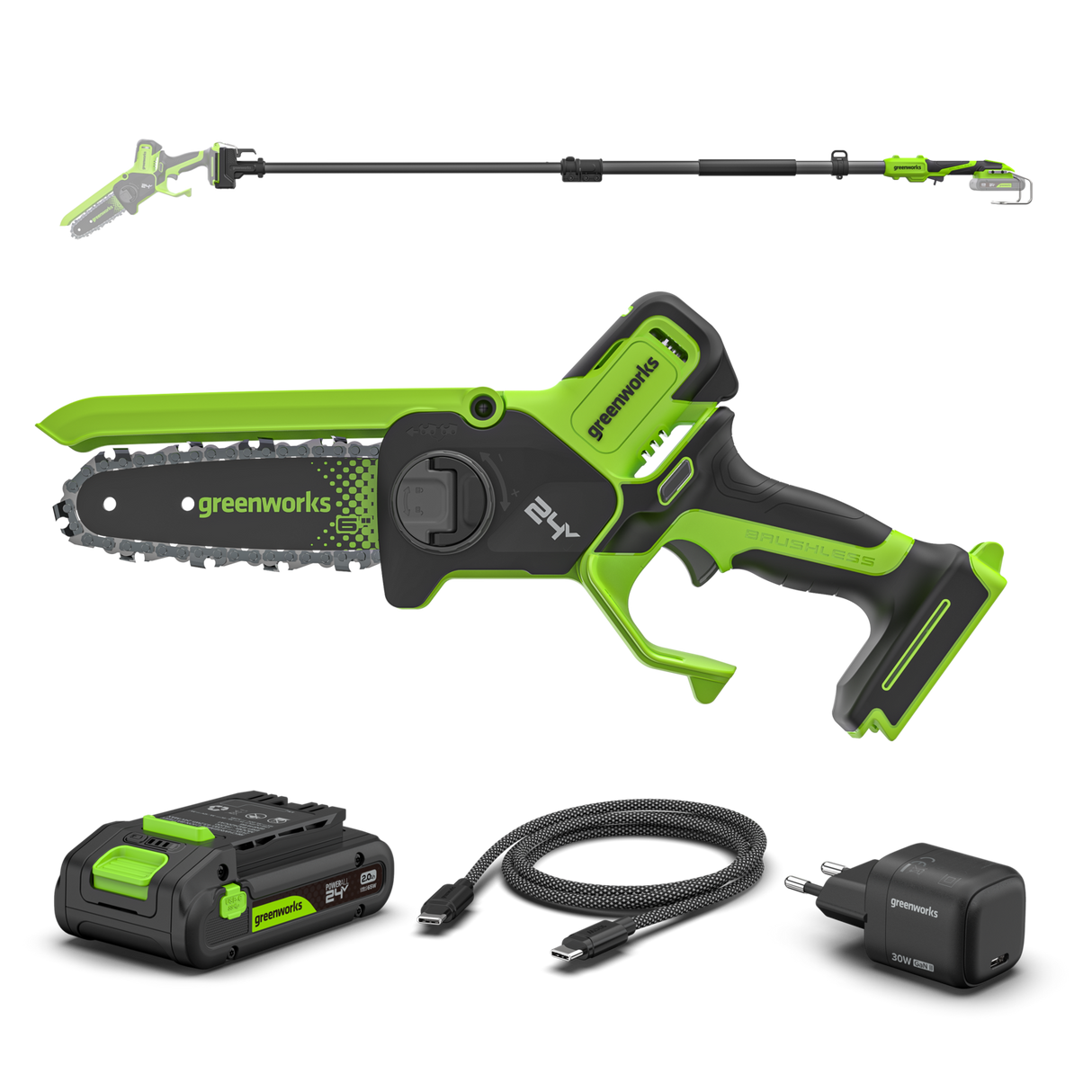 POWERALL 24V Mini Tronçonneuse 15cm Gen. II avec perche d'extension - Batterie 2Ah