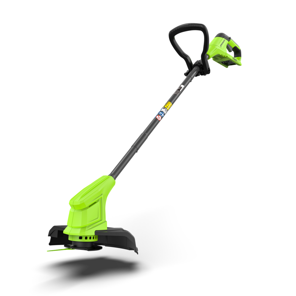 A Greenworks 24V grass trimmer with a black handle and green body, featuring a 25cm cutting width.