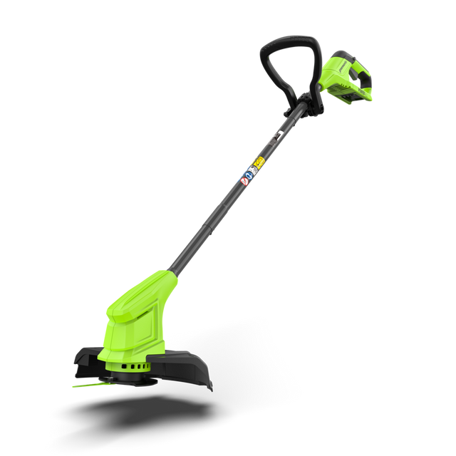 A Greenworks 24V grass trimmer with a black handle and green body, featuring a 25cm cutting width.