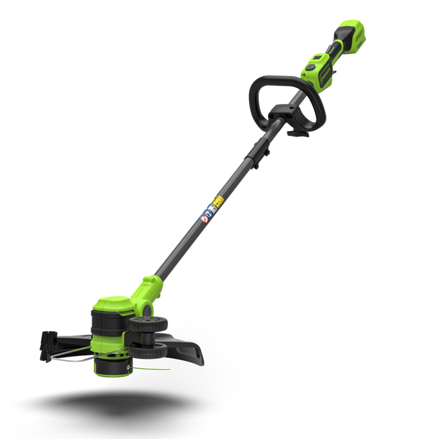 A black and green 24V grass trimmer with a 33cm cutting width, including a blade and line, powered by a 4Ah battery.