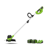 Green string trimmer with two batteries on a white background